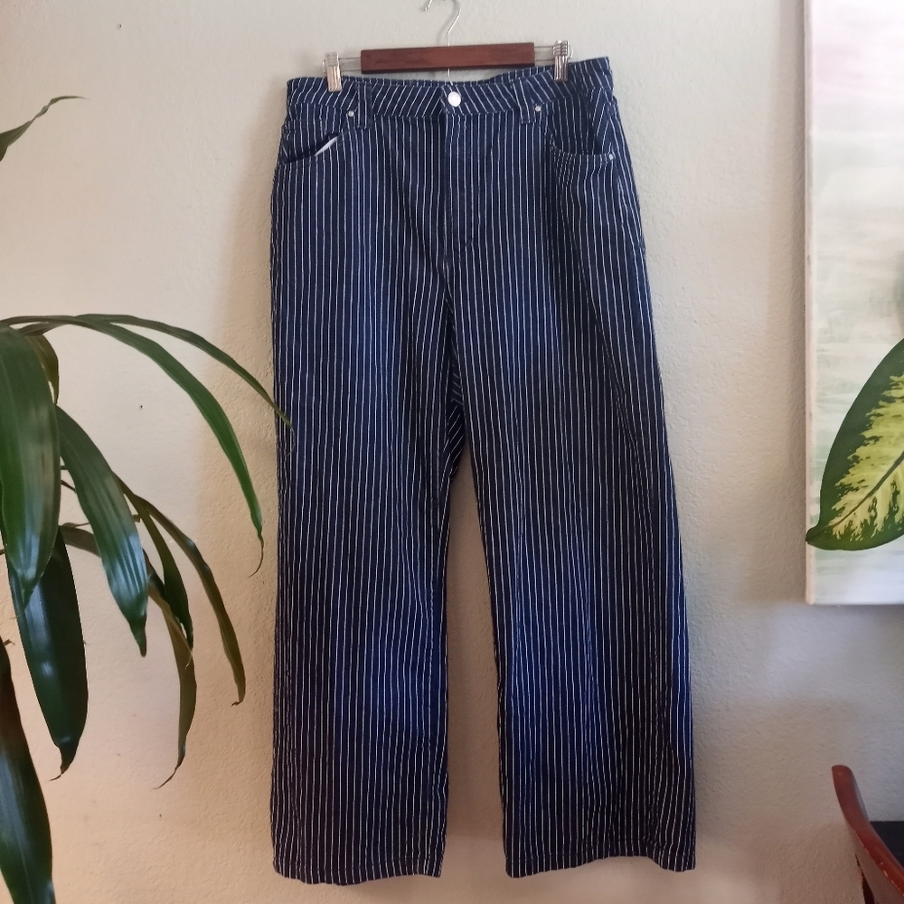 Cotton On Super Baggy Jean In Dark Blue White Classic Bohemian Artsy Pinstripe - Picture 2 of 13